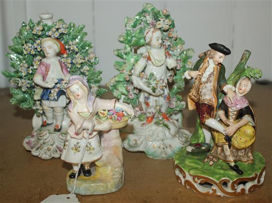 Derby porcelain group, a woman cleaning a mans shoes, c 1830, two early bocage figures (all a.f) & a 19C Derby figure
